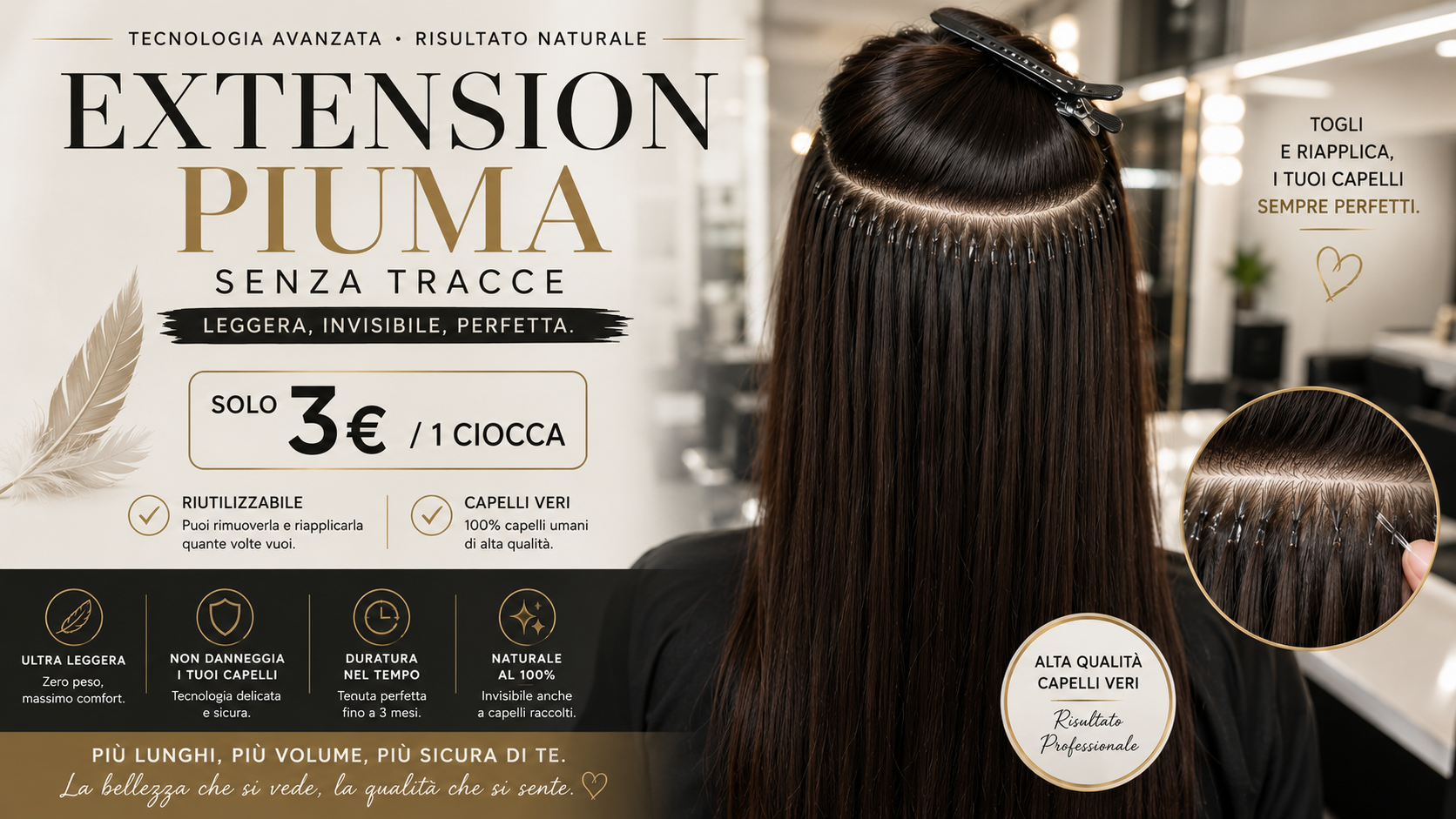Extension piuma in capelli veri pubblicate da Salone Panda